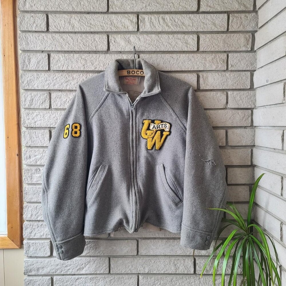 Vintage 60s 'University of Waterloo' arts distressed grey zip-up jacket M